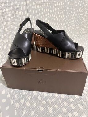 Linea Paolo Black Leather Espadrille Platform Wedges